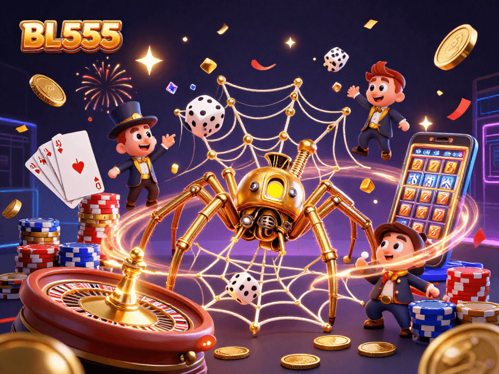 Experience thrilling wins at BL555's vibrant online casino with golden steampunk visuals and dynamic gaming elements.