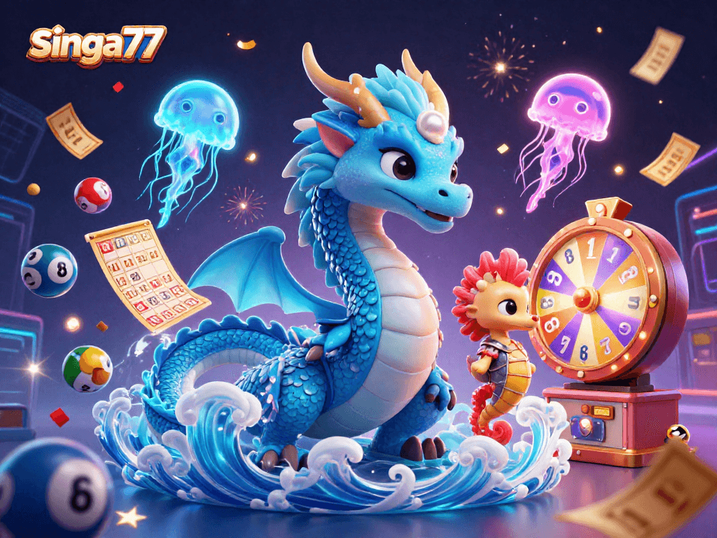Singa77 engages players with vibrant lottery excitement, featuring a 3D azure dragon and coral knight.