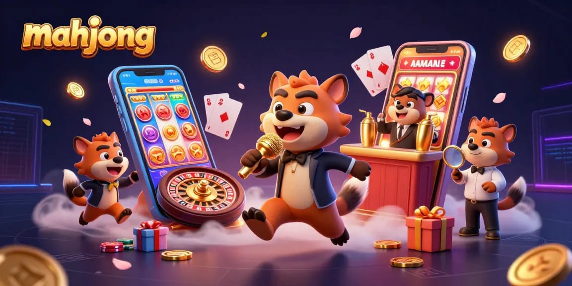 Experience mahjong excitement in a vibrant casino scene with characters, slot games, and festive details.