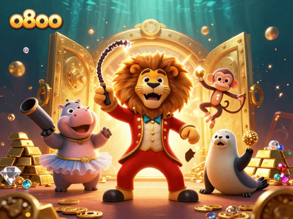Experience the thrill of o8oo with a dynamic circus scene featuring dazzling casino elements and vibrant characters.