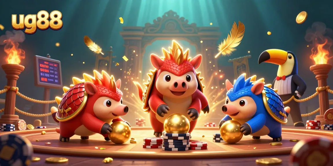 Experience thrilling excitement with ug88 as rival pangolins battle in a dazzling casino scene.