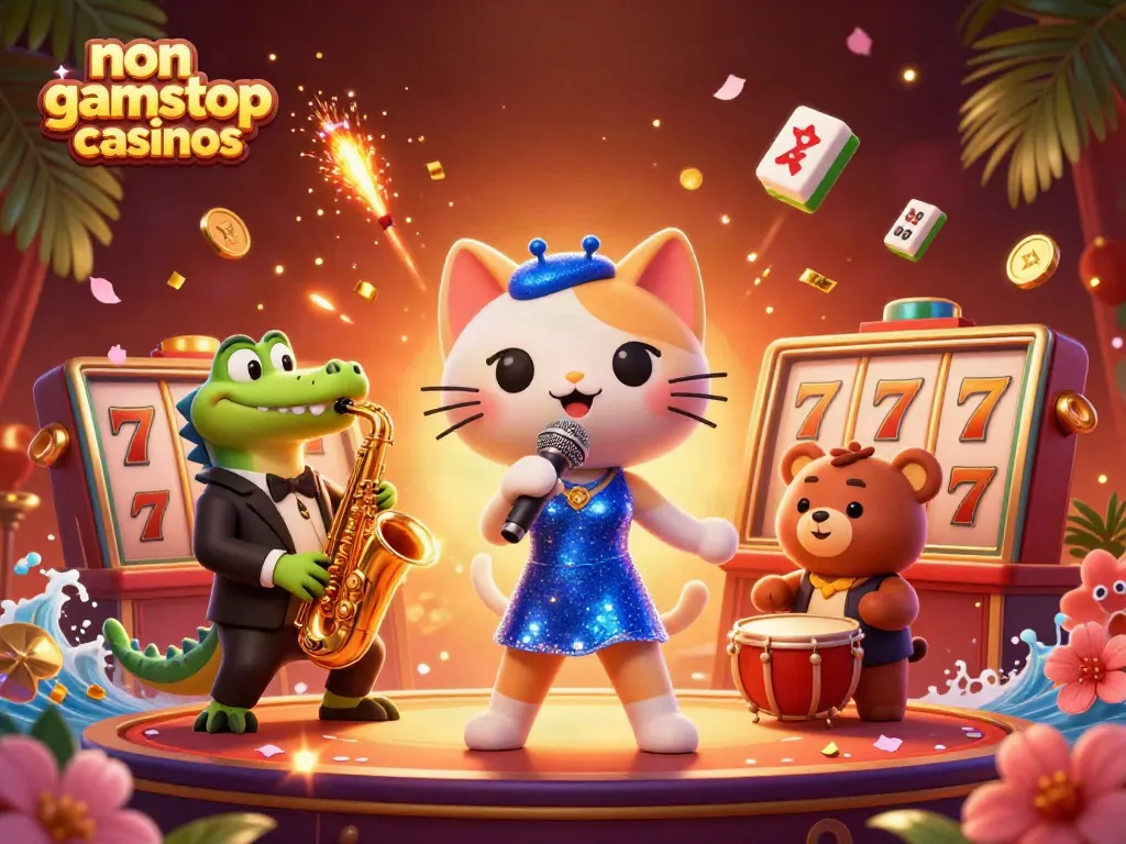 Experience the thrill of non gamstop casinos with lively characters performing on a vibrant casino stage.