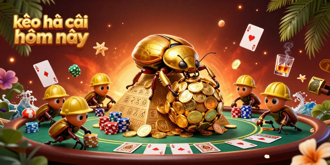 Experience kèo nhà cái hôm nay with animated beetles rolling golden coins in a vibrant casino-themed illustration.