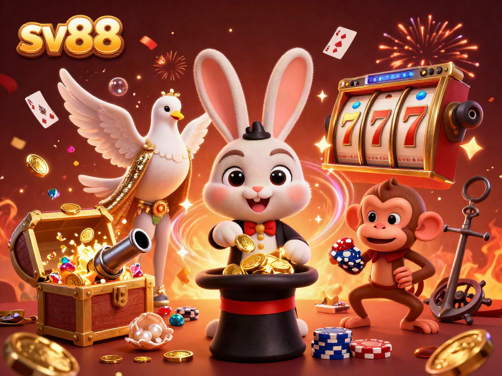 Experience sv88's vibrant gaming world with a magician pulling coins and dynamic casino elements.
