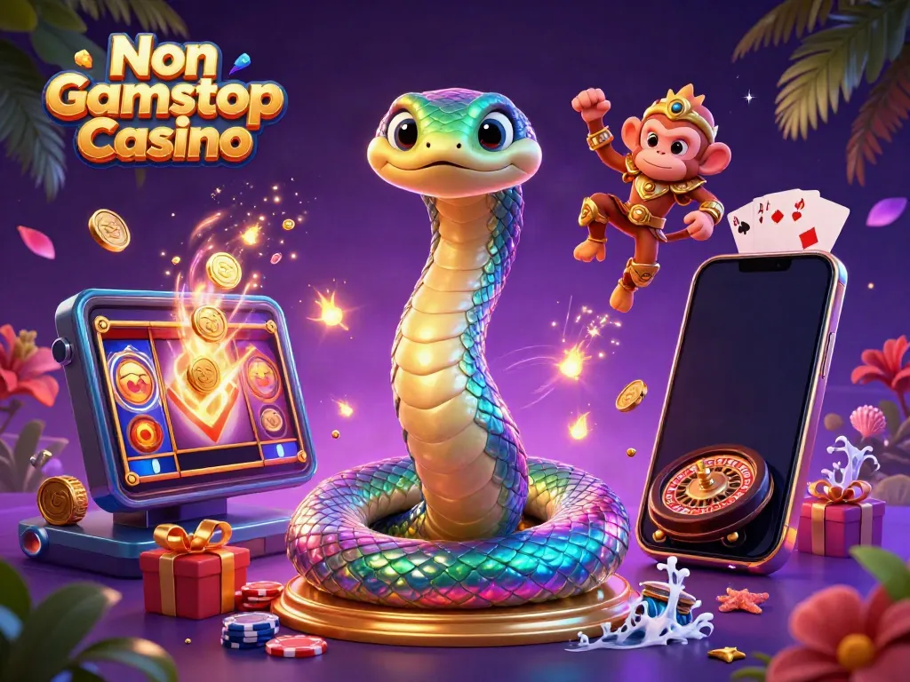 Enjoy thrilling games at Non Gamstop Casino with a vibrant 3D scene featuring a rainbow serpent, monkey king, and dynamic gaming elements.