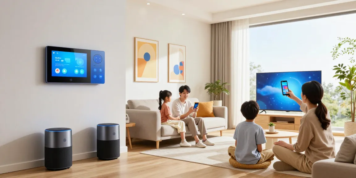 Family enjoying the best smart home gadgets 2026 with modern devices like smart speakers and lighting.