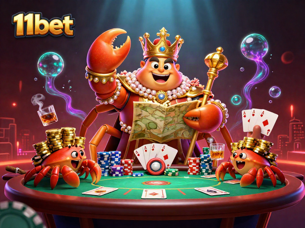 Experience the thrill of 11bet with a golden crab emperor under vibrant casino lights.