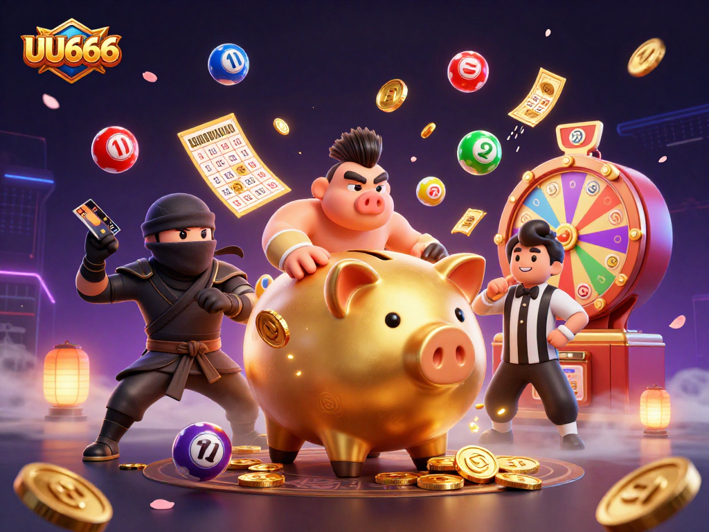 UU666 promotes excitement with a dynamic scene featuring a sumo wrestler and gaming elements.