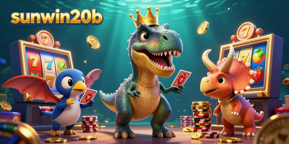 Spin reels and win with sunwin20b in this vibrant 3D casino illustration featuring a T-Rex playing cards.