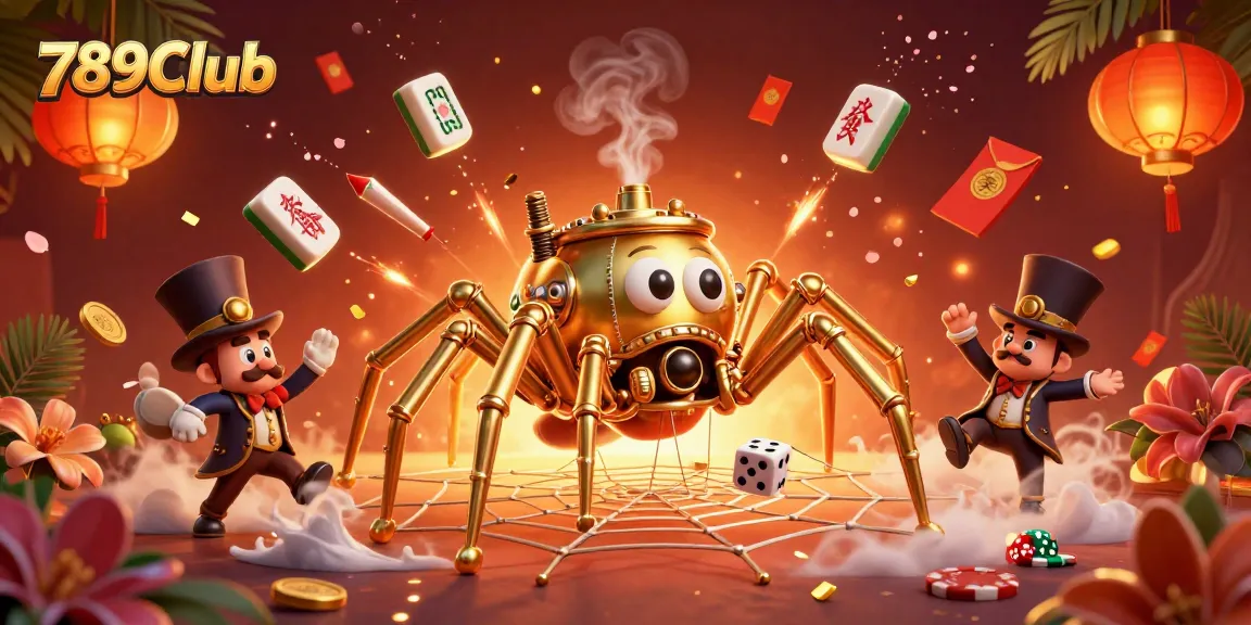 Engage with exciting games at 789Club, featuring a steampunk spider and golden Mahjong tiles.