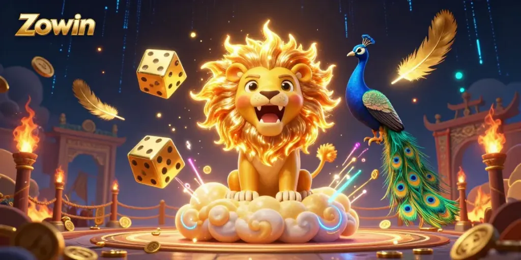 Experience thrilling Zowin gaming with a majestic roaring lion and dynamic casino elements.
