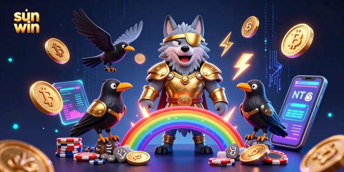 Elevate your gaming experience with sun win, featuring a mythical Norse wolf and Ravens in a vibrant casino scene.