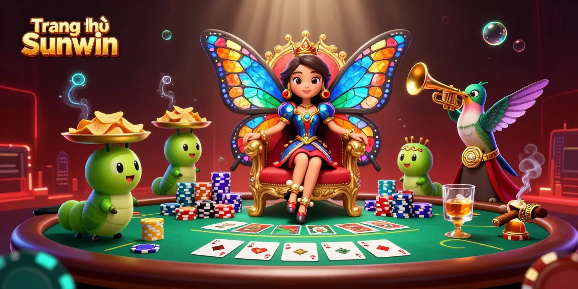 Experience the thrill of Trang chủ Sunwin with a colorful and vibrant casino scene featuring a butterfly queen and poker elements.