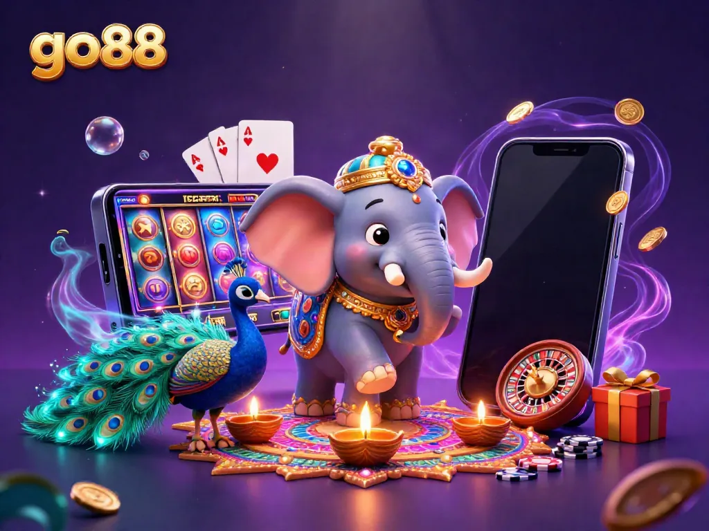 Engage with the exciting world of go88 through a vibrant 3D illustration featuring a celebratory elephant, peacock, and numerous casino elements.