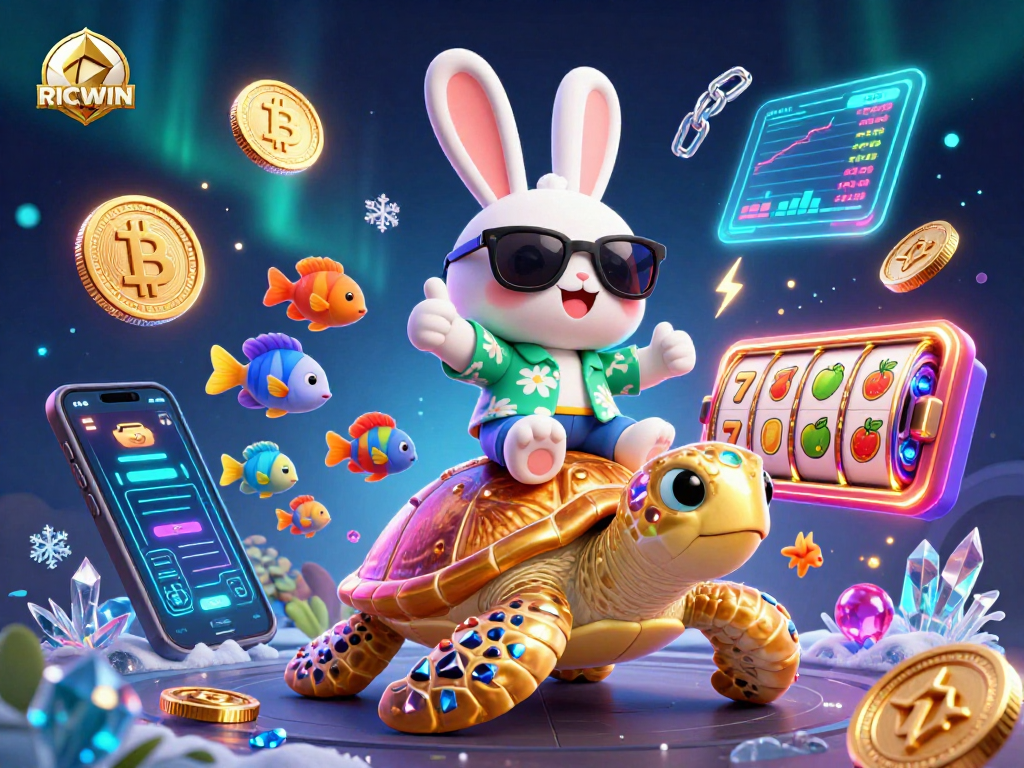 Play slots and win big with RICWIN in a vibrant 3D casino scene featuring lucky characters.