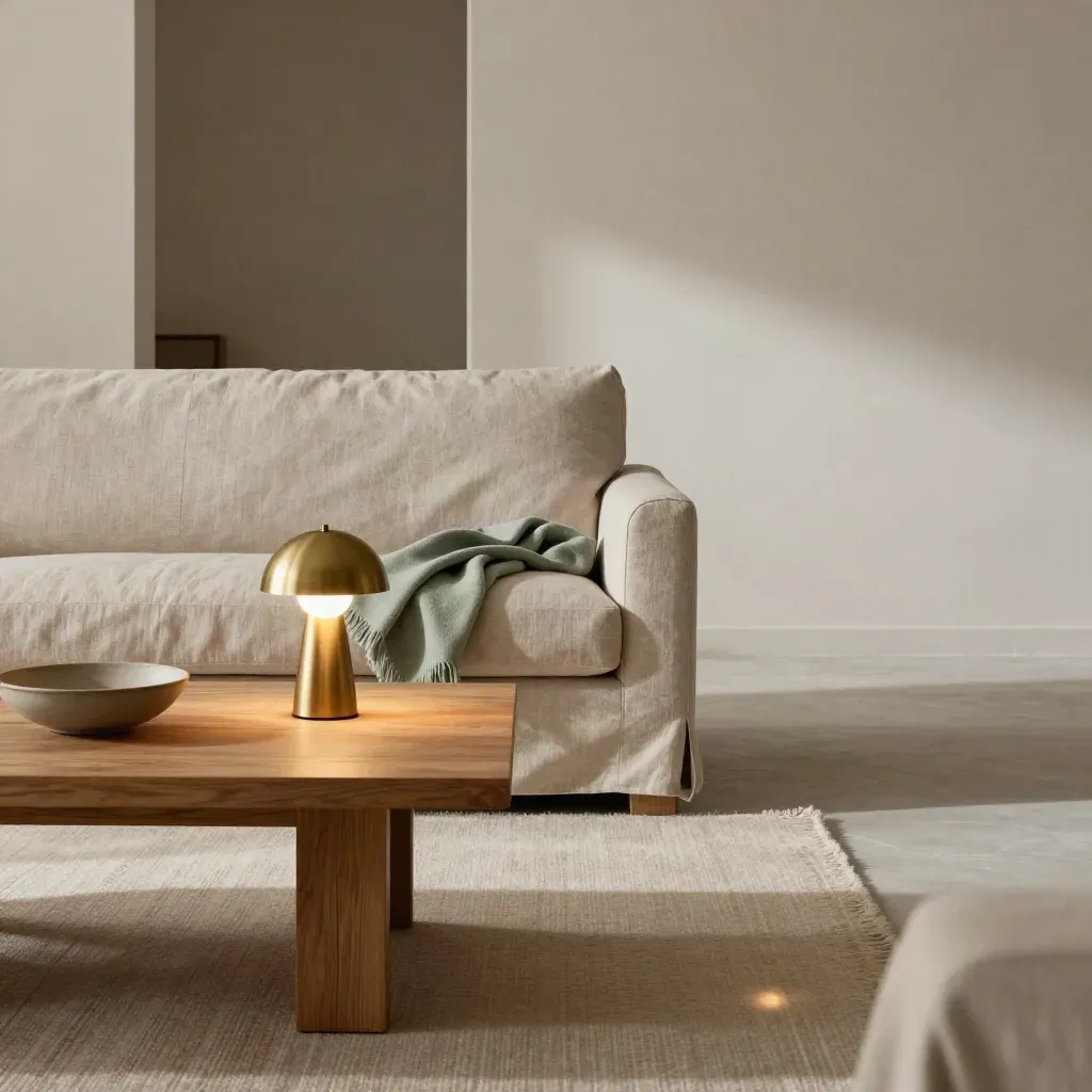 Linen sofa set with oak table, brass lamp and throw in a calm living room.