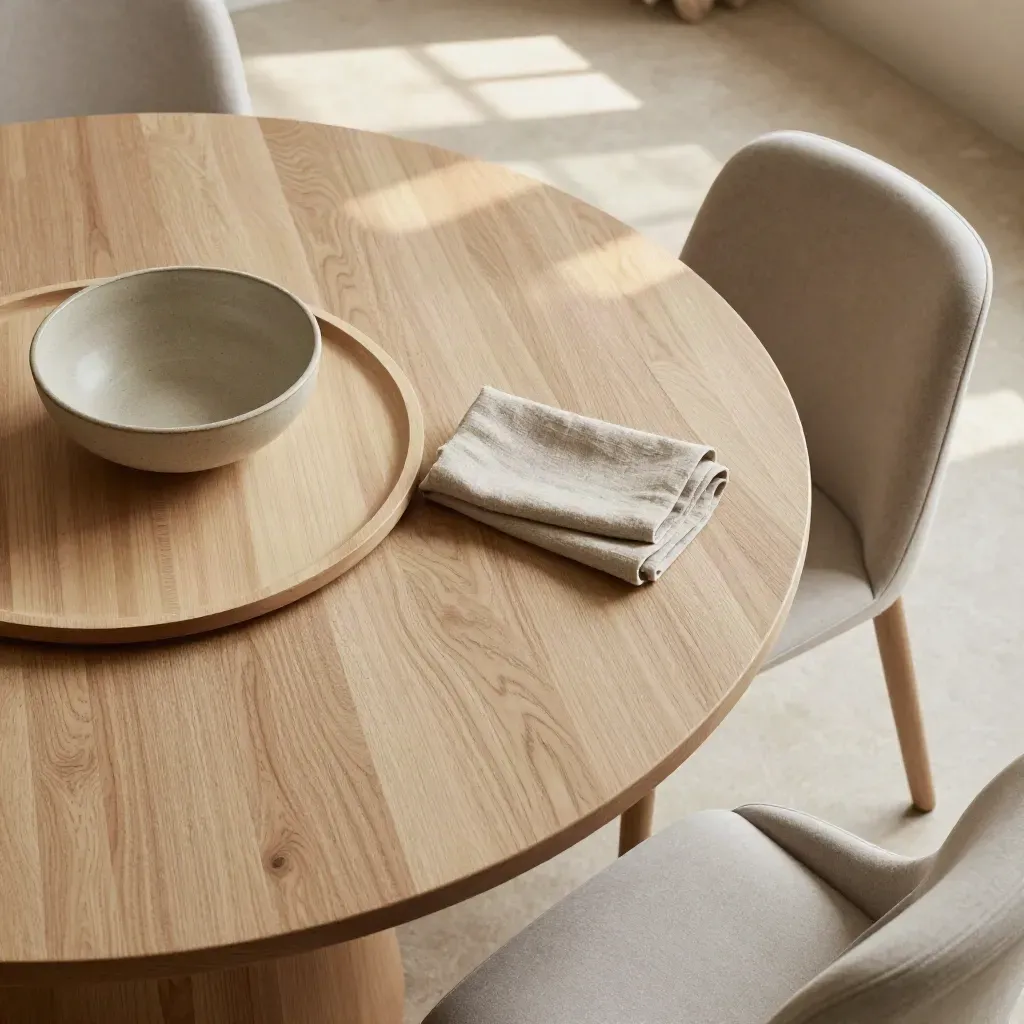 Overhead oak round dining table with bowl, napkin, tray and curved chairs in warm daylight.