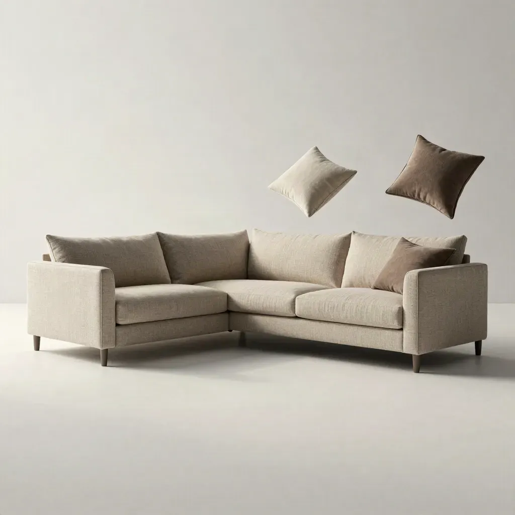 Marlow Corner Sofa in oatmeal with cushions and throw on a pale studio field