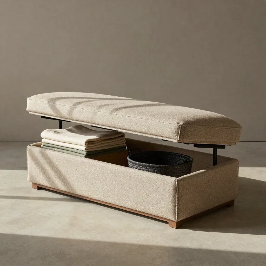 Open storage bench with folded throws and basket on pale concrete, lit from upper left.