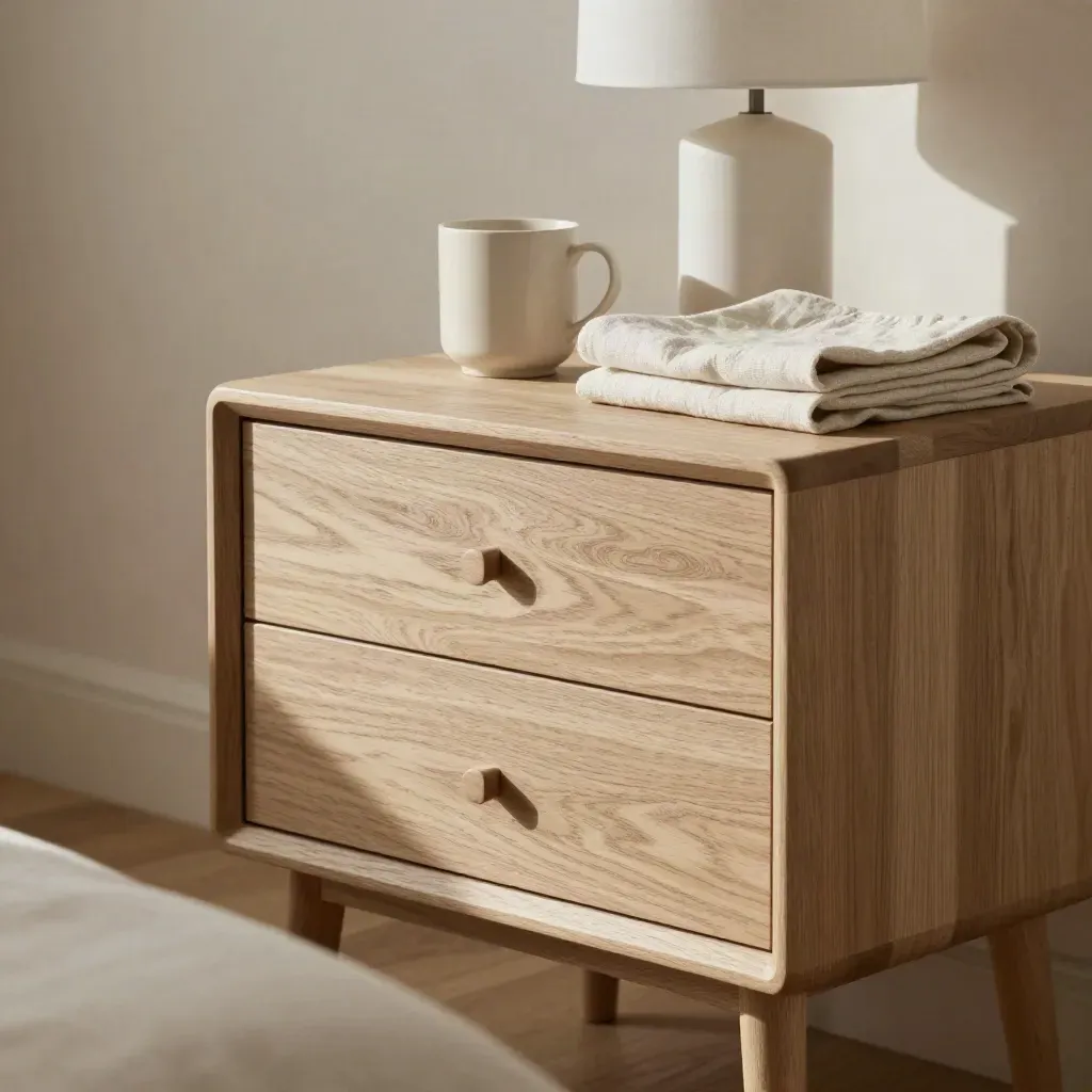 Pale oak bedside table with cup, lamp and folded linen in a calm bedroom setting.