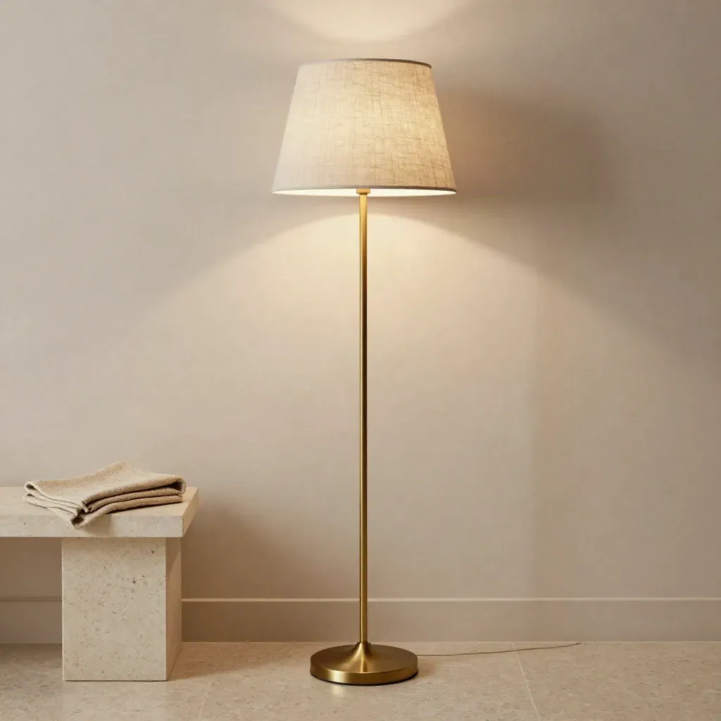 Brass floor lamp glowing beside a side table, throw and stone plinth in a calm studio setting.