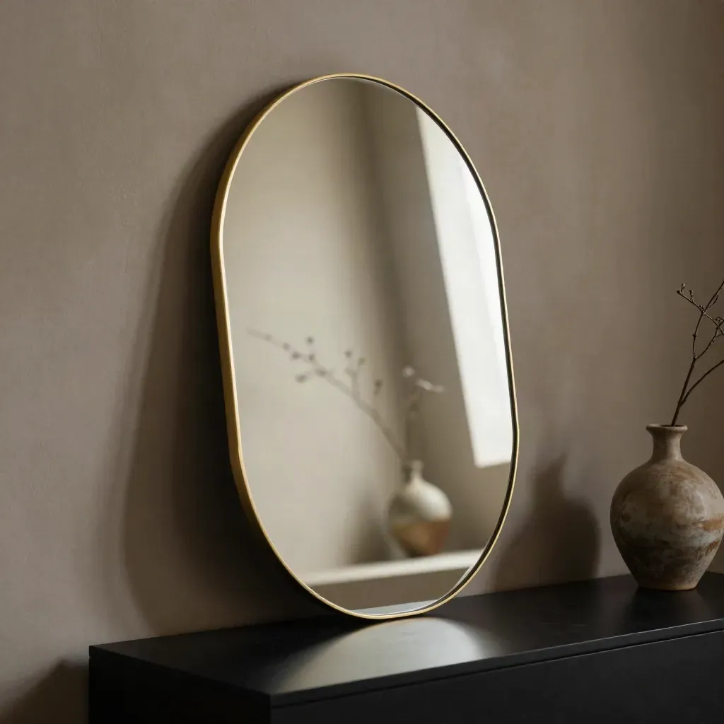 Gold-edged wall mirror reflecting a pale alcove and branch in a vase on a dark plinth