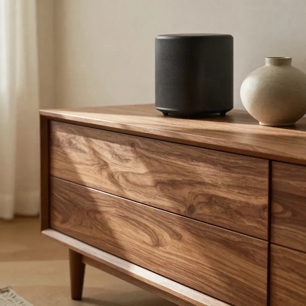 Warm wood TV stand close-up with charcoal speaker and low vase in soft daylight.