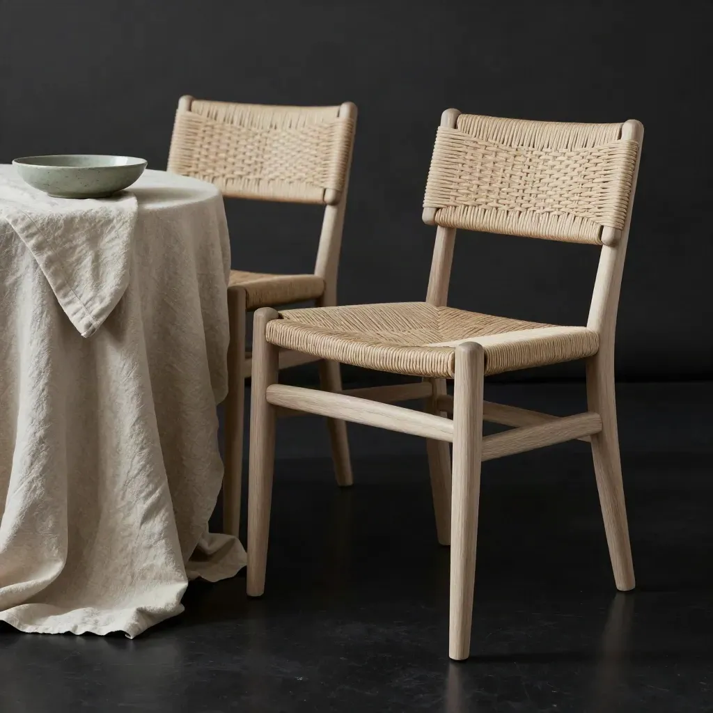 Two pale wood dining chairs with woven seats, linen cloth and stone bowl in a dark studio