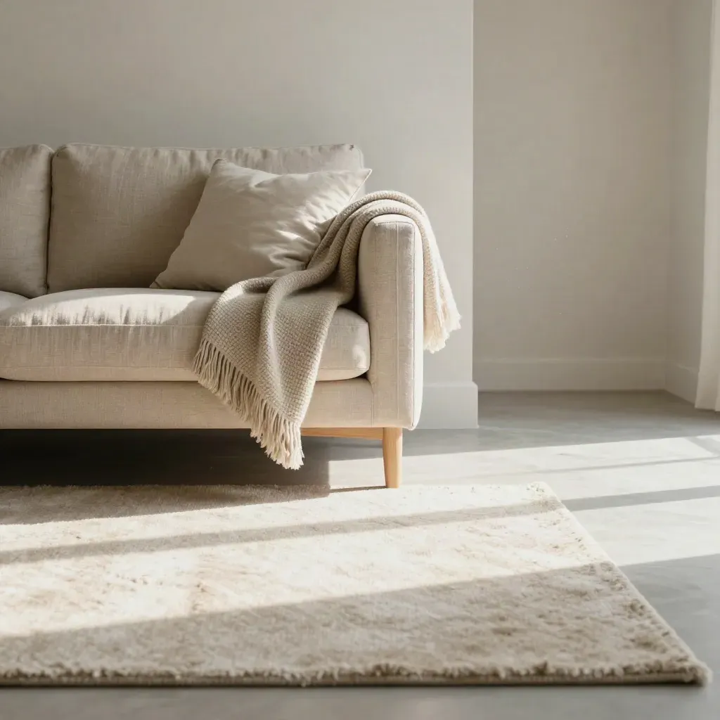 Sunlit sofa corner with boucle throw, pale plaster wall and calm open floor space
