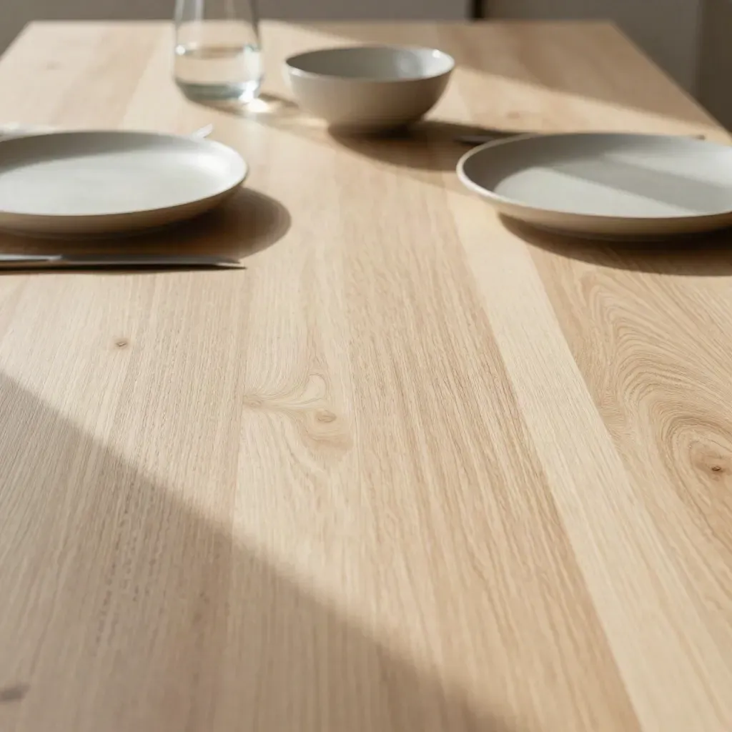 Pale oak dining tabletop with stoneware plates, linen napkins and blurred carafe in soft morning light.