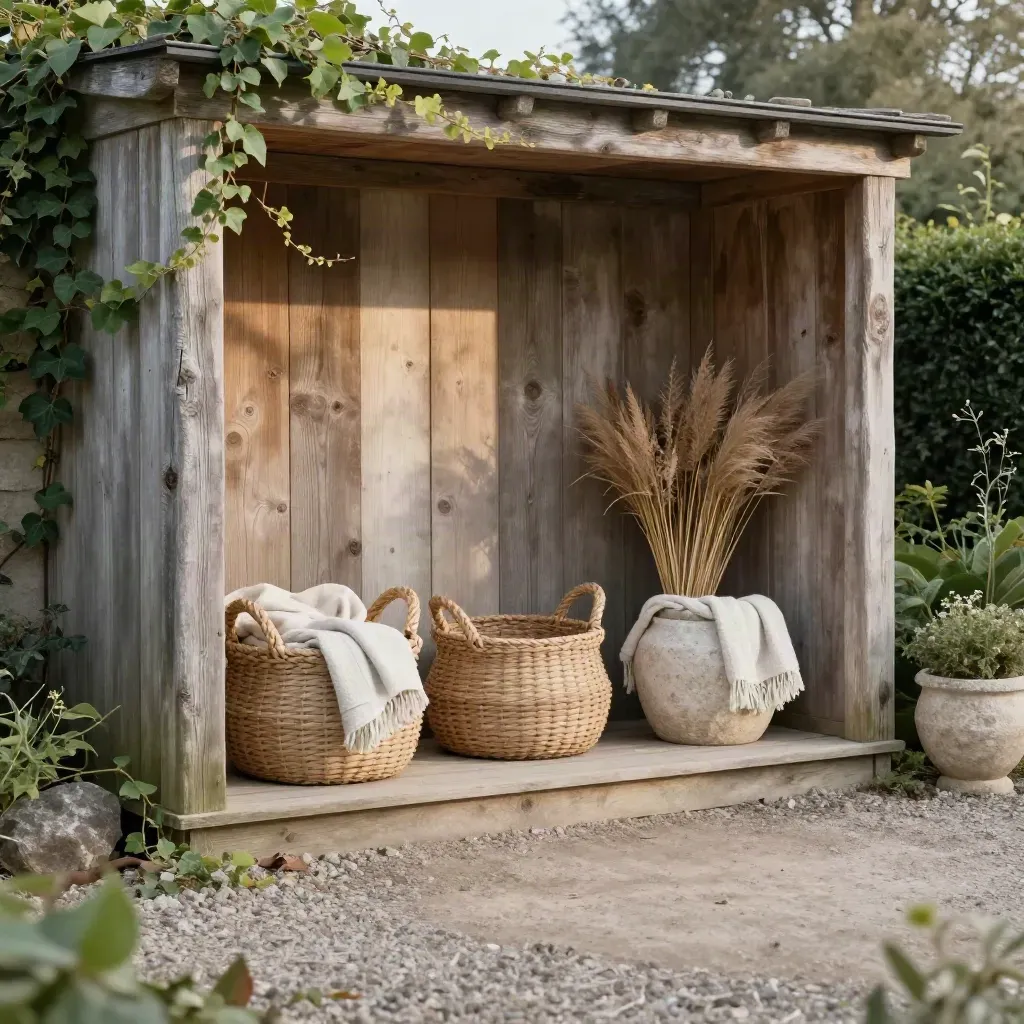 Weathered timber storage nook with baskets and folded blankets by a misty garden wall.