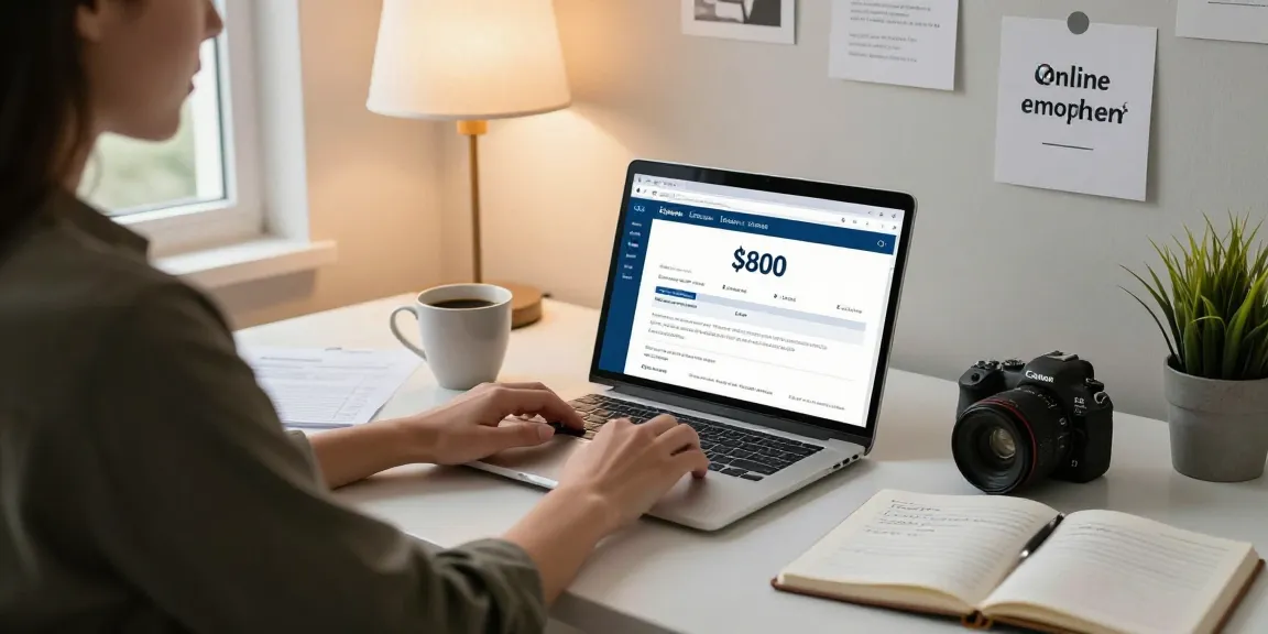 Individual applying for an $800 loan online, read more about financial options in a cozy home office setting.