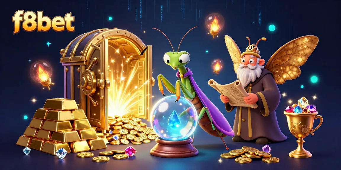 Engage with f8bet's rich casino scene surrounded by fortune tellers and treasures.