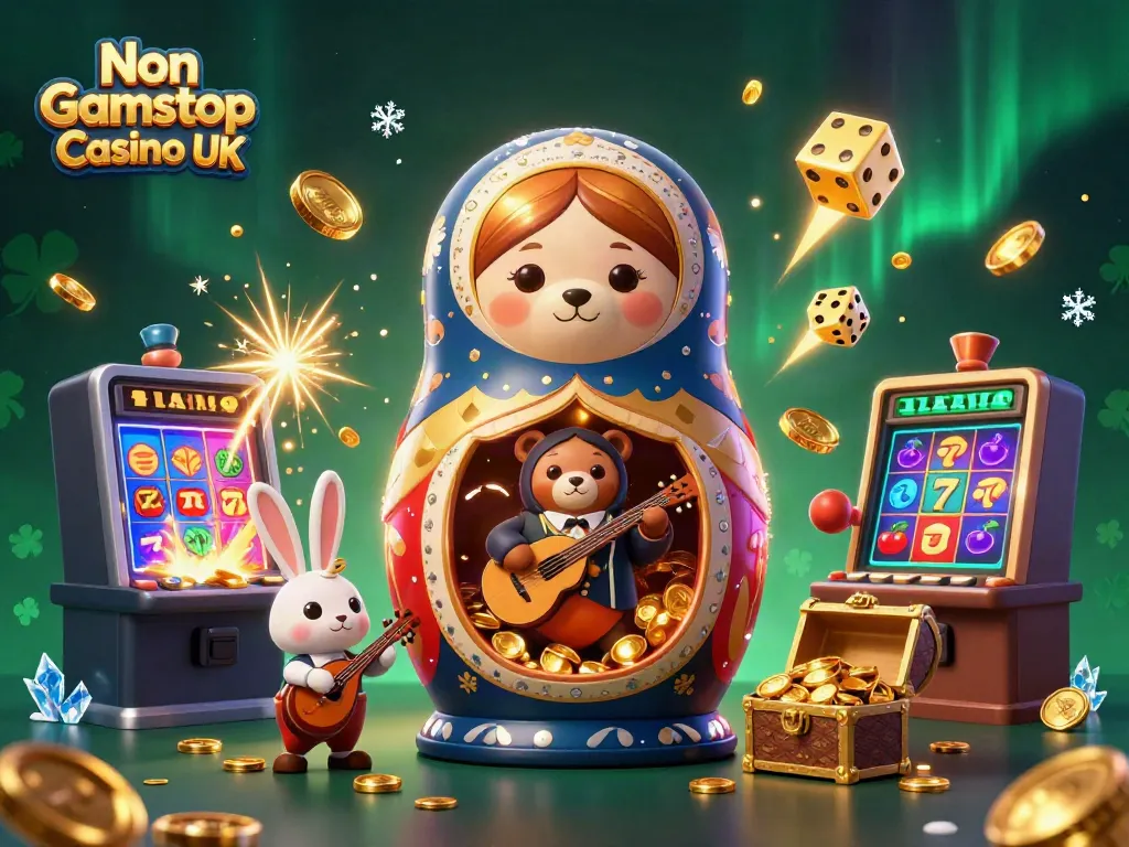 Experience the thrill of Non Gamstop Casino UK with a vibrant 3D cartoon illustration of casino bears and jackpot elements.