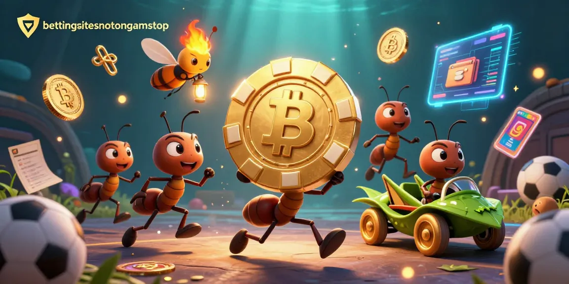 Engage with bettingsitesnotongamstop as ants carry a massive poker chip in a vibrant, action-packed heist scene.