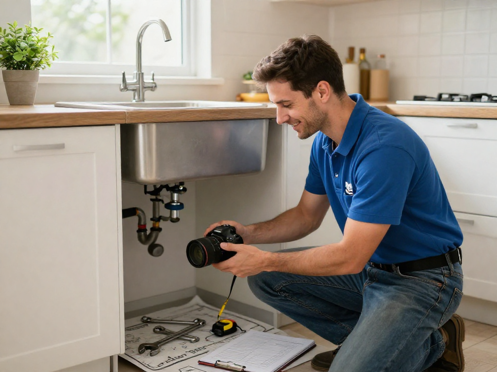 Expert technician from Mateo and Sons Plumbing repairing a sink in a bright kitchen, showcasing dependable plumbing service.