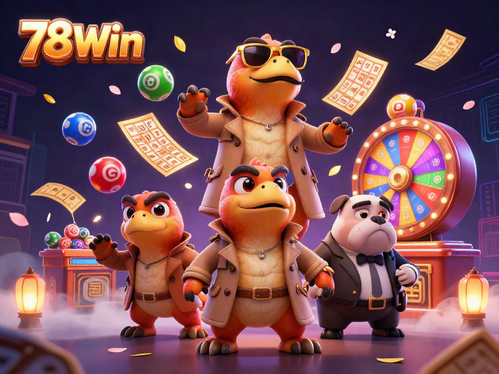 78Win raptors in a trench coat attempt to enter a VIP casino, surrounded by colorful lottery balls and dynamic elements.