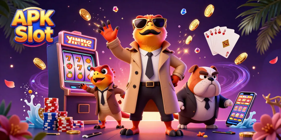 APK Slot raptors in trench coat trying to enter VIP lounge, surrounded by colorful casino elements.