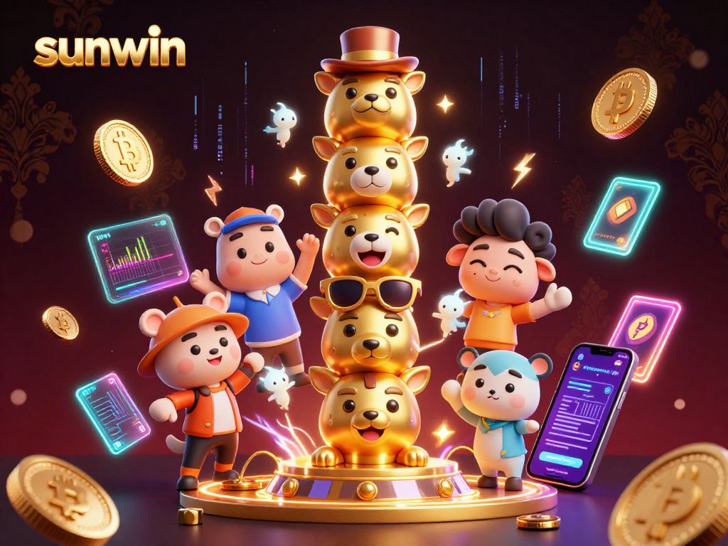 Engage with sunwin's vibrant gaming scene featuring a golden totem and crypto elements.