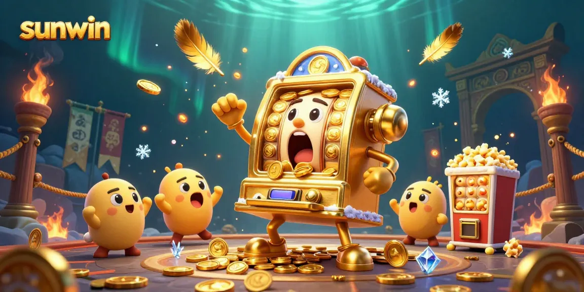 Sunwin slot machine hits jackpot, coins bursting forth as supporting characters cheer on in a vibrant casino-themed illustration.